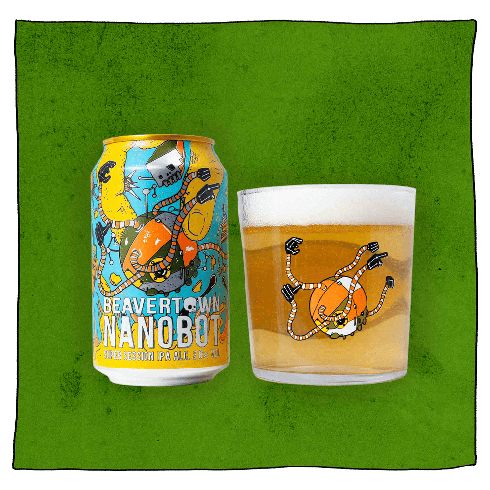 Beavertown Brewery Nanobot Super Session IPA can with Nanobot tumbler half pint glass filled with beer in front of a green and blotched dark background. Glass is clear but has a medium sized Nanobot logo; an orange and white robotic ball with several long striped robotic arms. Can is blue, orange and yellow. Can has an orange and purple robotic ball with several long striped robotic arms stretching in various directions around the can.