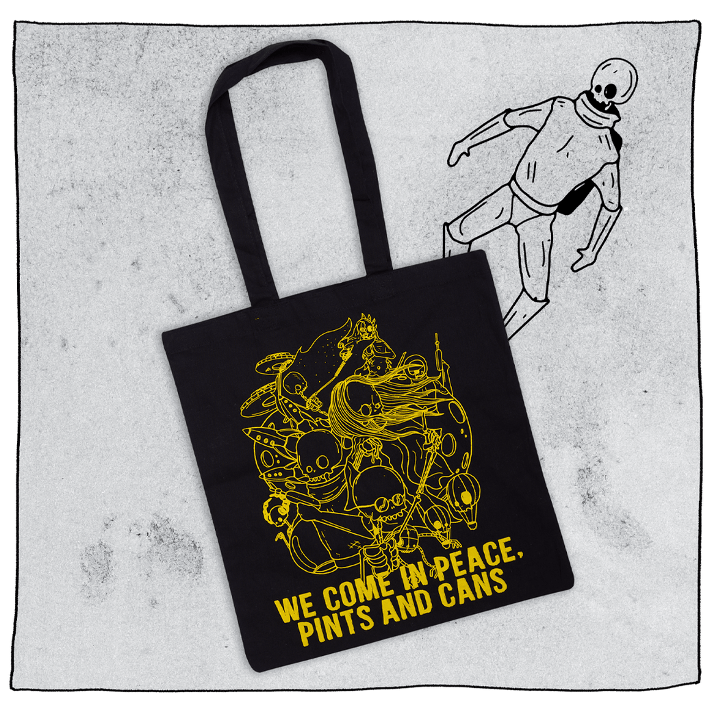 Beavertown Brewery black tote bag with yellow Beavertown prints all across it with the Beavertown logo in the middle